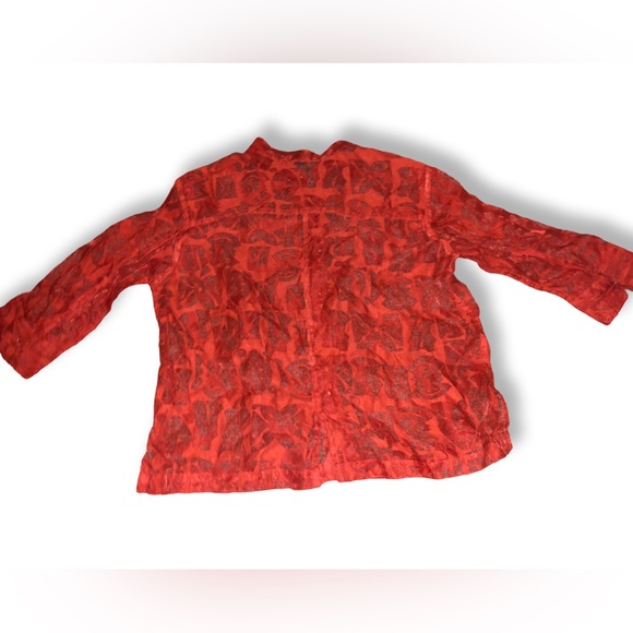 Mirasol Burnt Orange Retro Abstract Floral Pattern Sheer Button Up Blouse - Picture 2 of 10